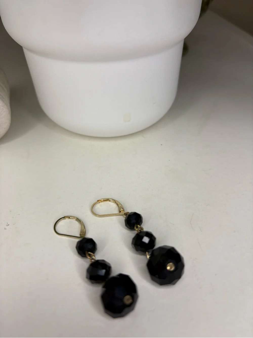 Vintage Black Faceted Bead Drop Earrings Gold Tone Leverback Triple Tier